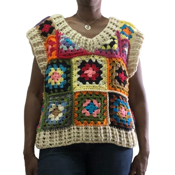 Multicolor Patchwork Oversized Chunky Crochet Pullover Sweater Vest - Picture 2 of 15